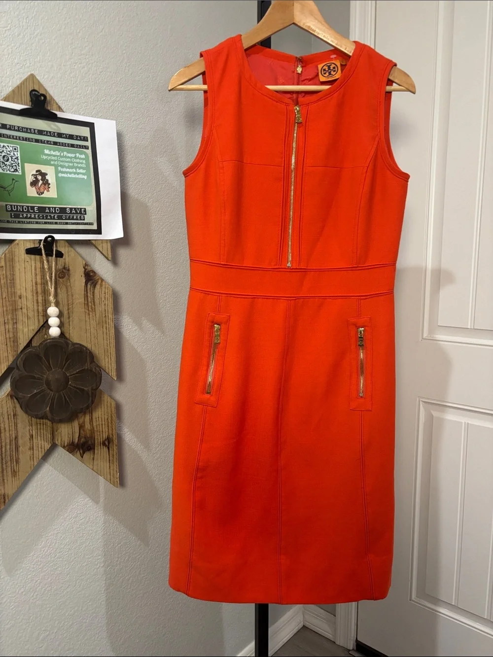 Tory Burch Bright Orange Sleeveless Zip-Front Midi Dress zipper pockets sz 6🍑